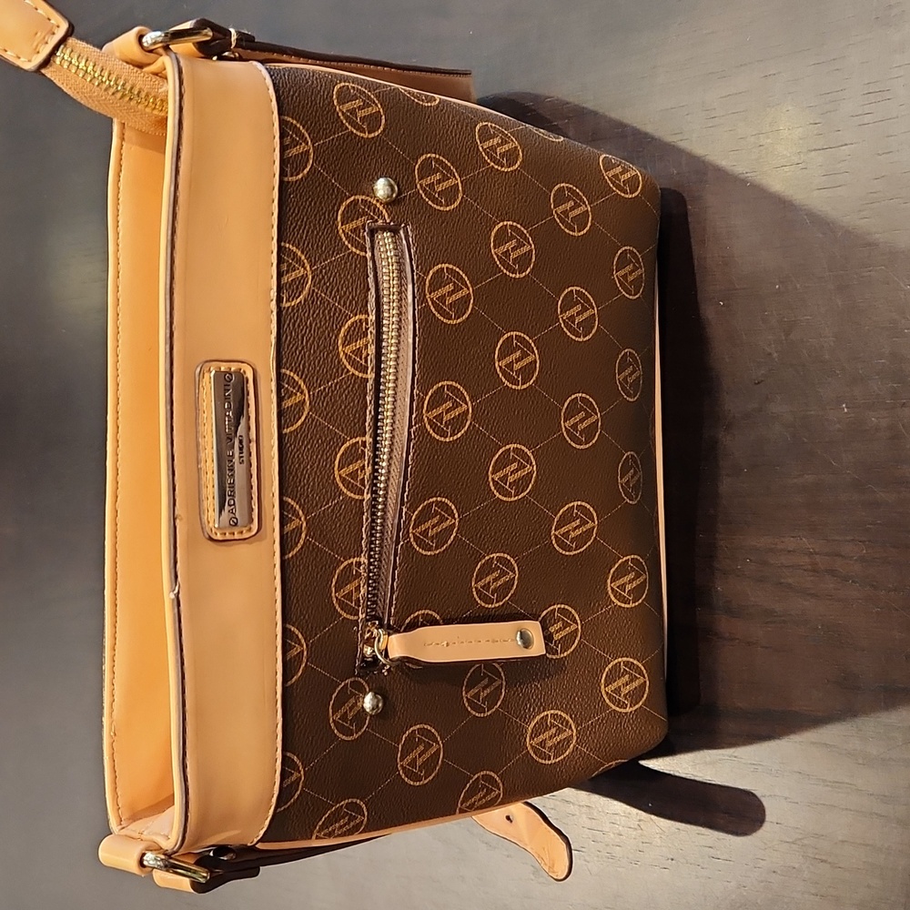 Adrienne Vittadini Purse, Tan/Brown Logo pattern, Crossbody